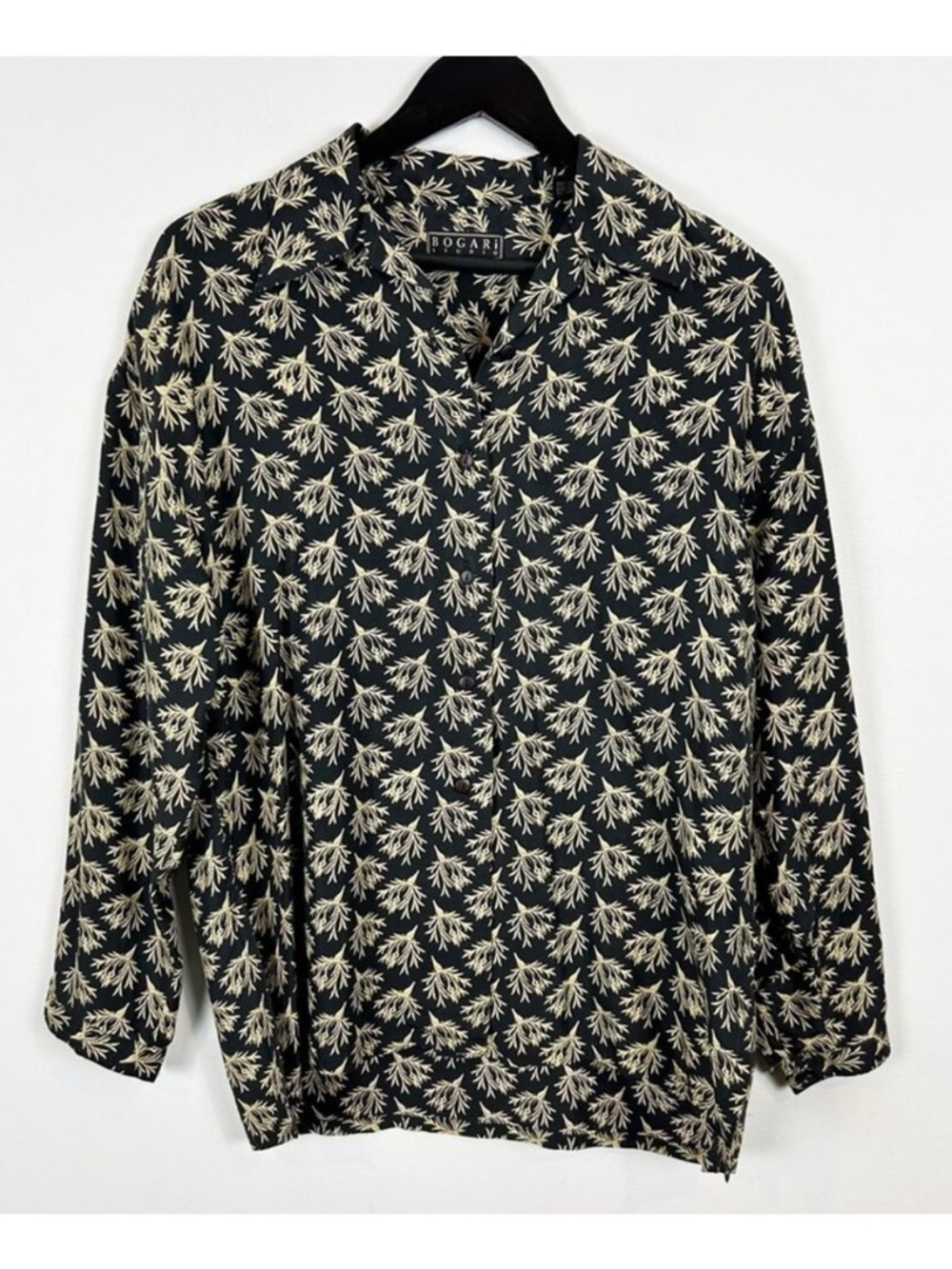 Bogari Studio 100% Silk Button Down Blouse Women's Size Small Black and Tan